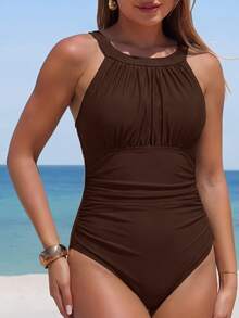 Swim Lushoire 1pc Women's Brown Solid Color Ruched Tummy Control One-Piece Swimsuit,High Neck Full Coverage Bathing Suit,Summer Elegant Holiday Beach Vacation - Coffee Brown - View 4