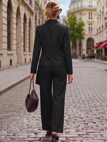 Hansera 2pcs Women Regular Solid Color Regular Shoulder Long Sleeve Crossed Wrap Fashion Suit Set Christmas Women's Winter Clothes - Black - View 4