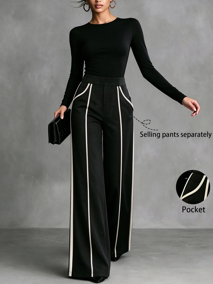 SHEIN New Black And White Striped Wide-Leg Trousers Stretchy Elegant Casual Featuring Perfect For Outfits Or Formal Office Work Business Wear Fall