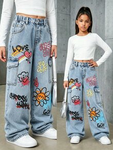 SHEIN Tween Girls Graffiti Heart Letter Print Y2K Style Light Blue Printed Simple Casual Loose Wide Leg Distressed Ripped Vintage Washed Denim Jeans - Blue - View 8