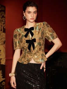 Arave 女款修身泡泡袖金屬感提花V領金色蝴蝶結優雅浪漫70年代復古花卉上衣，適合度假、晚餐聚會、夏季穿著 - 綠色 - 查看 4