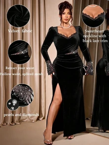 Reflora Plus Size Velvet Beaded High Slit Long Party Dress Christmas - Black - View 9