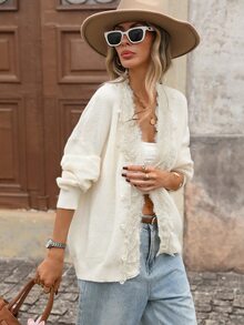 Brillora Fall Sweater Collar Patchwork Lace Romantic Elegant Vacation Long Sleeve Casual Textured Back To School Date Brunch Tea Party Cardigan Off-White - Apricot - View 6