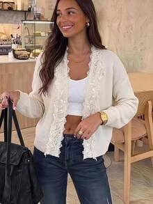 Brillora Fall Sweater Collar Patchwork Lace Romantic Elegant Vacation Long Sleeve Casual Textured Back To School Date Brunch Tea Party Cardigan Off-White - Apricot - View 2