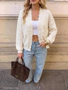 Brillora Fall Sweater Collar Patchwork Lace Romantic Elegant Vacation Long Sleeve Casual Textured Back To School Date Brunch Tea Party Cardigan Off-White - Apricot - View 3