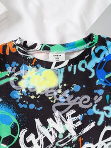 SHEIN 2件組兒童青少年男孩休閒日常百搭舒適螢光遊戲控制器印花圓領長袖針織修身居家服上衣與長褲套裝 - 彩色 - 查看 3