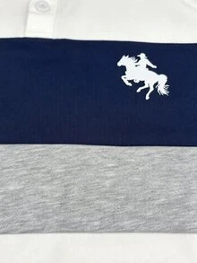 男童拼接長袖 Polo 衫，簡約時尚翻領白色襯衫 - 彩色 - 查看 6