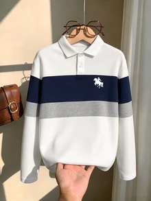 男童拼接長袖 Polo 衫，簡約時尚翻領白色襯衫 - 彩色 - 查看 1