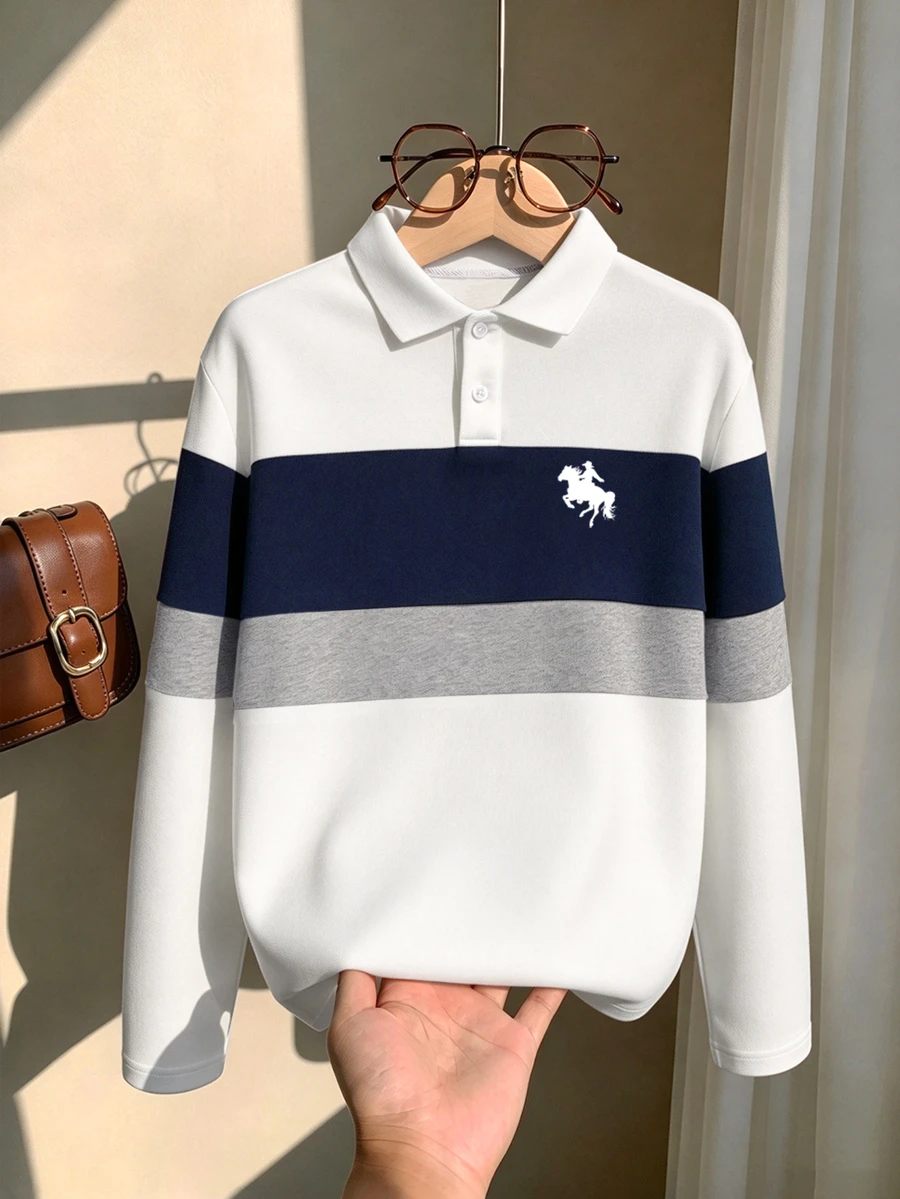 男童拼接長袖 Polo 衫,簡約時尚翻領白色襯衫 - 彩色 - 查看 1
