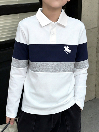 Boys' Polo Shirt With Patchwork Long Sleeve, Simple Fashionable Turn-Down Collar White Shirt