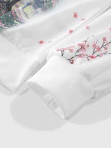 ROMWE MEN Street Life 豹紋內裡櫻花寬鬆連帽衛衣 - 白色 - 查看 6