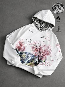 ROMWE MEN Street Life 豹紋內裡櫻花寬鬆連帽衛衣 - 白色 - 查看 2