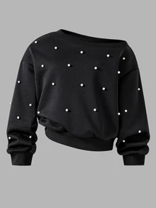 SHEIN 1pc Girls Sweet Cool Style Asymmetrical Shoulder Sweatshirt, Suitable For Daily School, Casual Street Wear, Spring/Autumn, Heavy Pearl Embellished Design Asymmetrical Shoulder Long Sleeve Pullover Top - Black - View 7