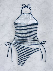 Swim Lushoire 女款海軍藍與白色抽繩紋理布料細肩帶露背度假背心比基尼沙灘夏季性感套裝海岸風熱帶風 - 藍白色 - 查看 2