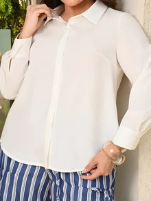 Bibi Tomais Plus Size Women's Solid Button-Down Shirt Fall Cloth For Women - White - View 4