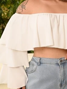 Bibi Tomais Plus Size Off Shoulder Ruffle Trim Square Neck Long Sleeve Blouse, Elegant White Top Fall - White - View 5