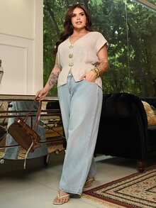 Bibi Tomais 大尺碼女款秋季休閒優雅開襟針織外套，正常金屬鈕扣 V 領蝙蝠袖，適合休閒外出與辦公室工作，米色 - 卡其色 - 查看 4