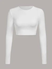 Tseoso Women's Solid Color Round Neck Long Sleeve Slim Casual T-Shirt - White - View 6