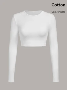 Tseoso Women's Solid Color Round Neck Long Sleeve Slim Casual T-Shirt - White - View 5