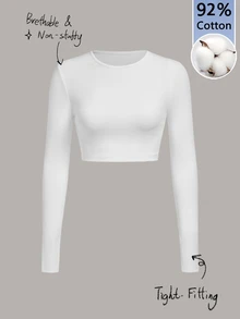 Tseoso Women's Solid Color Round Neck Long Sleeve Slim Casual T-Shirt - White - View 1
