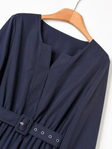 Rusticease 女款純色缺口V領長袖休閒優雅中長洋裝 辦公室穿搭 海軍藍 秋季 - 藏蓝色 - 查看 5