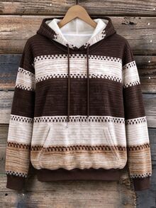 Collagica Collagica Women's Plus Size Hooded Sweatshirt, Retro Colorblock Striped Print Pattern Design, Casual Versatile Fit, Daily Wear, Autumn Outdoor Top - Multicolor - View 5