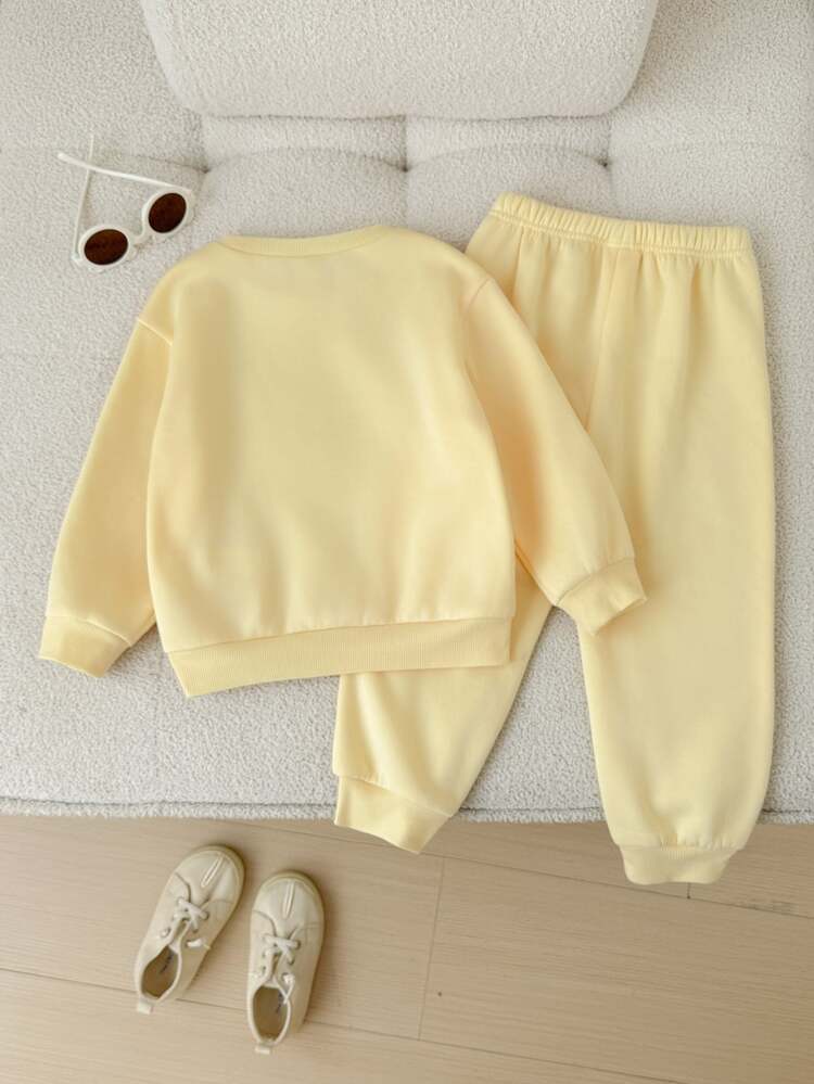 2pcs/Set Young Boy Young Girl Autumn/Winter Cute Casual Sports Versatile Knit Horse Pattern Long Sleeve Thermal Lined Sweatshirt Tracksuit Boy Joggers Long Pants Set Winter Clothes - Yellow - View 4