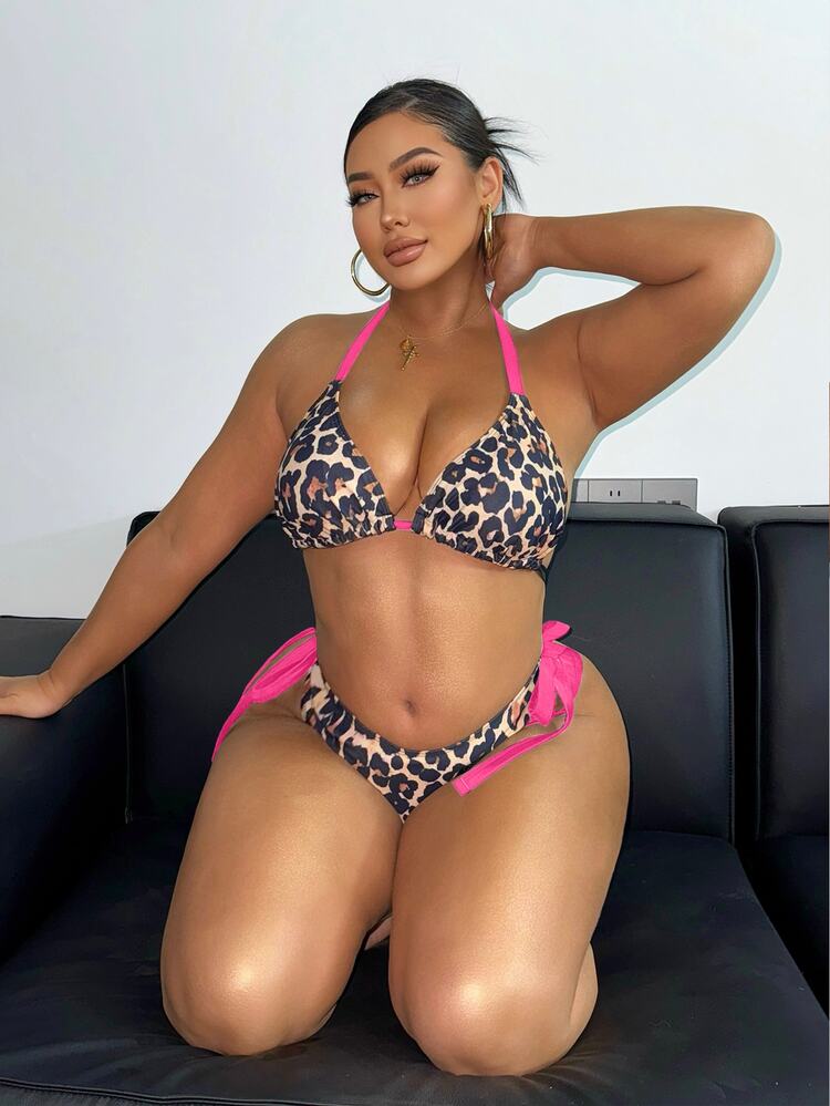 SHEIN Swim Plus Size Summer Vacation Beach Leopard Print Halter Bikini Set - Hot Pink - View 2