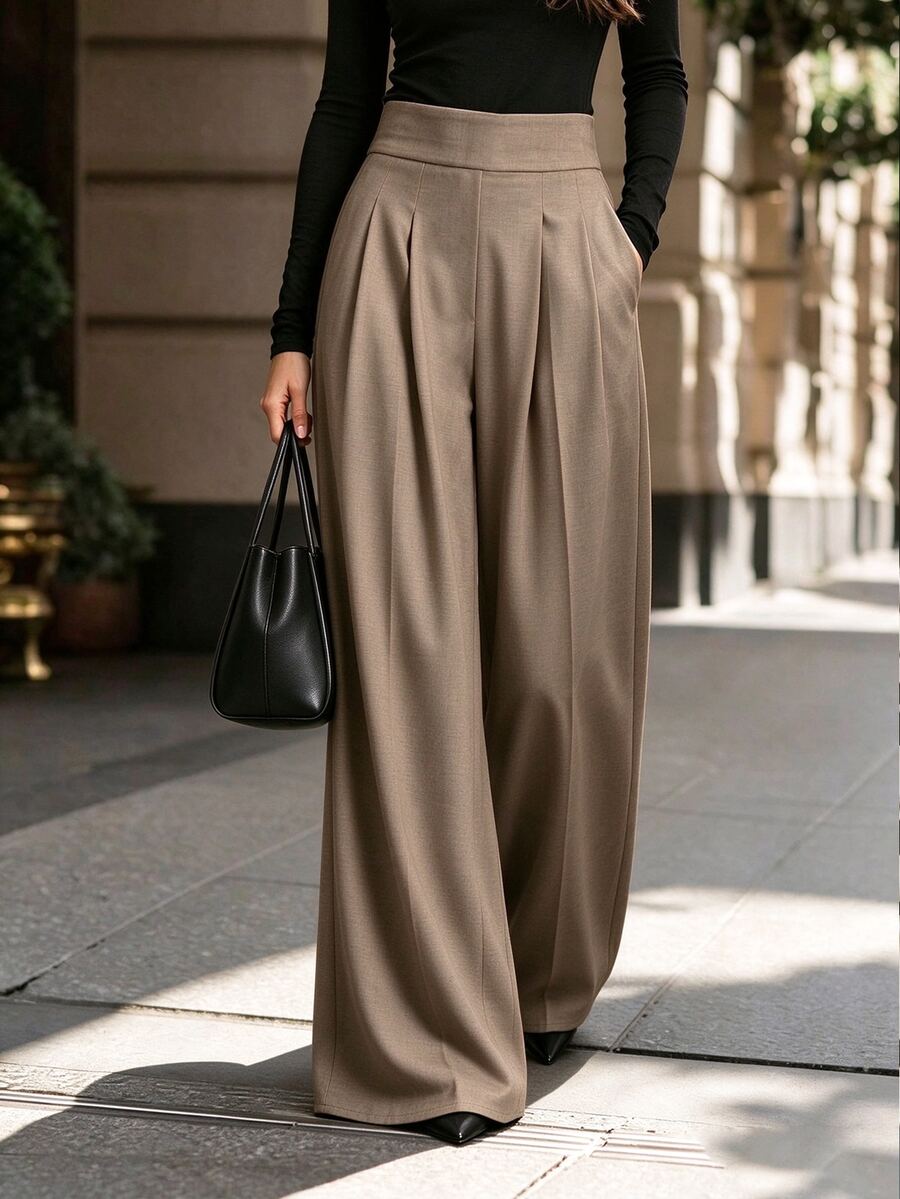 Trelyra Women's Casual Elegant Taupe Wide-Leg Trousers For Autumn And Winter-Suitable For Daily Commuting, Office Work Wear, And Formal Occasions - Mocha Brown - View 1