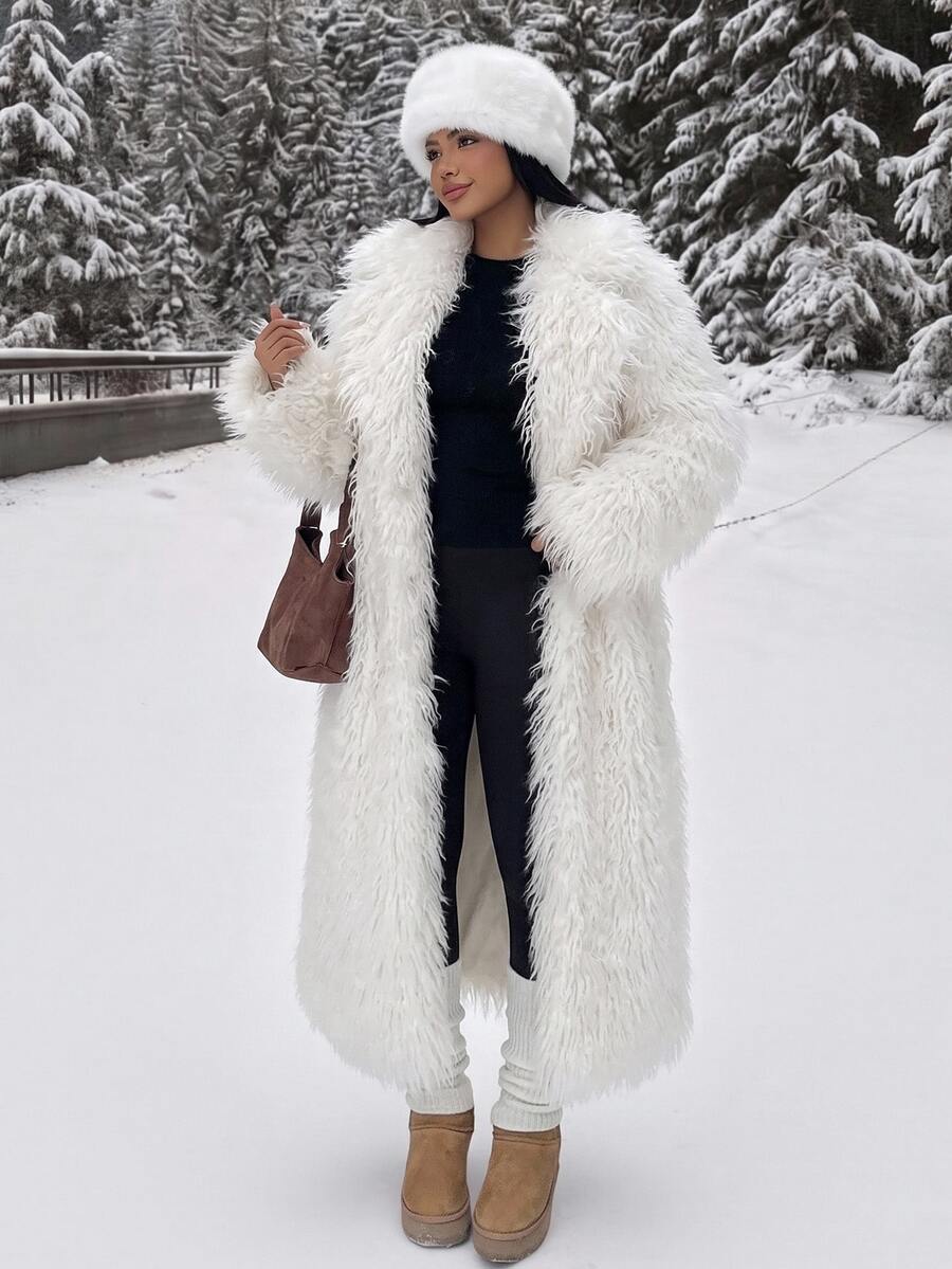 Muchica Women's New Winter White Mid-Length Faux Fur Coat With Lapel For Going Out Travel Holiday, Streetwear Elegant, Christmas New Year - White - View 1