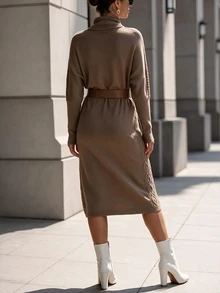 SHEIN Đầm len vặn thừng cổ cao tay dài thanh lịch cho mùa Thu/Đông - Màu Khaki - Xem 2
