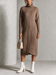 SHEIN Đầm len vặn thừng cổ cao tay dài thanh lịch cho mùa Thu/Đông - Màu Khaki - Xem 4