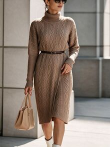 SHEIN Đầm len vặn thừng cổ cao tay dài thanh lịch cho mùa Thu/Đông - Màu Khaki - Xem 1
