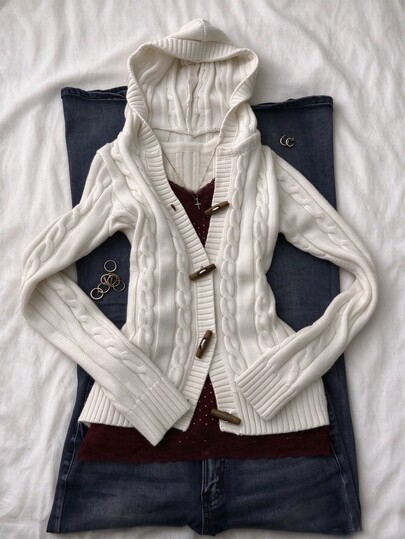 Elamini White Slim Fit Flattering Sexy Vintage Horn Button Fashion Modern Vacation Minimalist Versatile Charming Knit Hooded Cardigan For Women