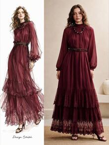 Arave Women's Small Stand Collar Chiffon Woven Multi-Layer Ruffle Design Loose Fit Elegant Date Long Dress - Burgundy - View 1