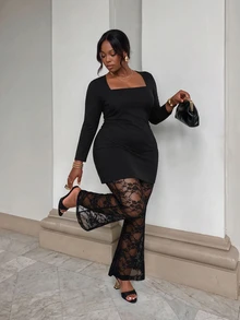 Firerie Plus Size Minimalist Romantic Long Sleeve Side Slit Top And Lace Pants 2 Pieces Set Elegant 2 Pieces Set For Women Fall/Winter Elegant 2 Pieces Set - Black - View 3