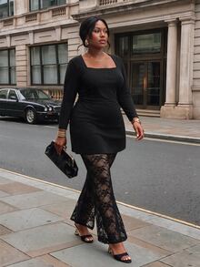 Firerie Plus Size Minimalist Romantic Long Sleeve Side Slit Top And Lace Pants 2 Pieces Set Elegant 2 Pieces Set For Women Fall/Winter Elegant 2 Pieces Set - Black - View 6