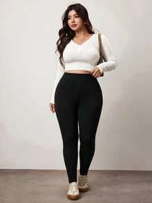 Enliva سروال ضيق نسائي أسود مرن عالي الخصر مريح مقاس كبير، جسم مستدير، خريف - الأسود - مشاهدة 8