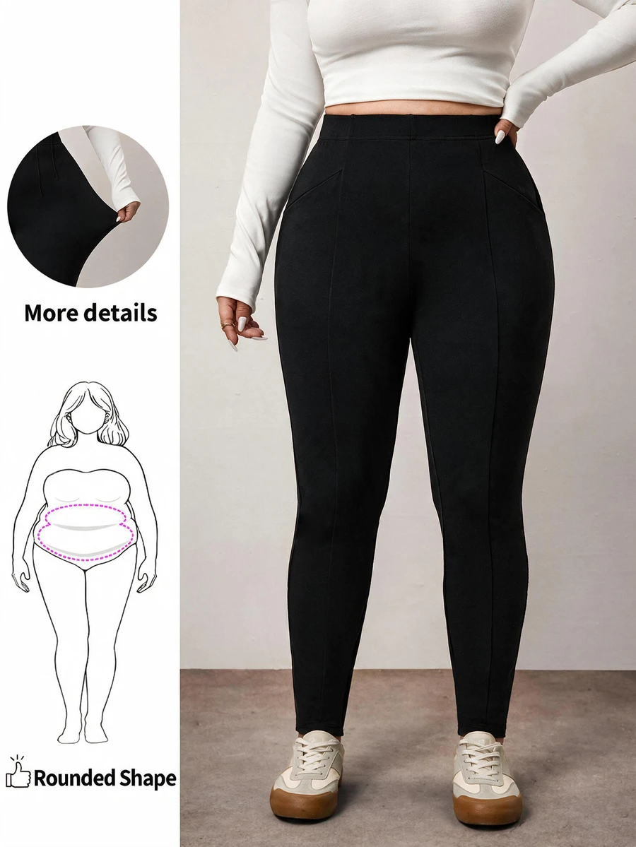 Enliva Plus Size Women's Black Elastic High-Waisted Comfort Leggings Apple,Rounded Body Fall - Black - View 1