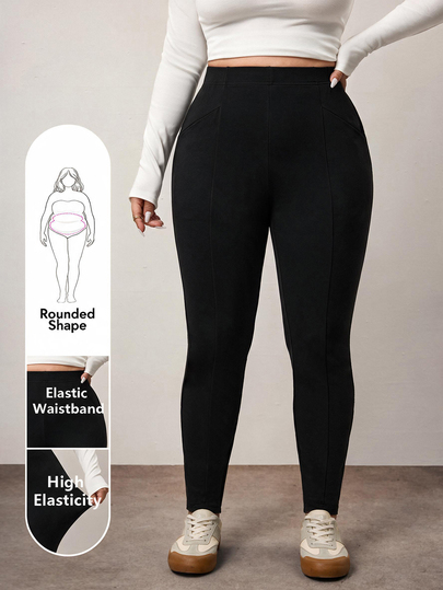 Enliva Plus Size Women's Black Elastic High-Waisted Comfort Leggings Apple,Rounded Body