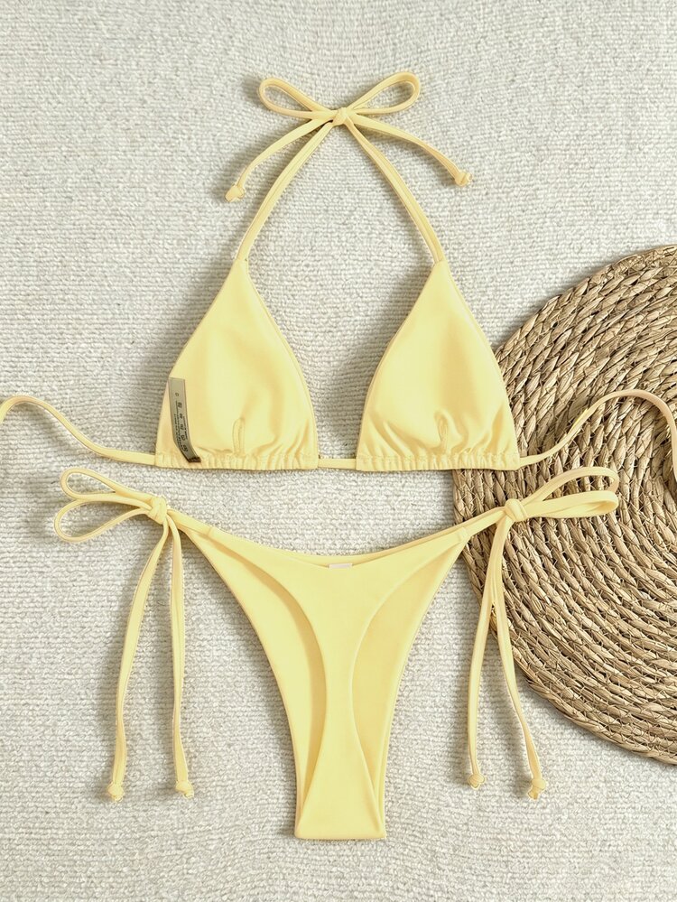 Oceva Women's Beach Vacation Rhinestone Decor Halter Neck Tie Back Sexy Thong Bikini Set - Pale Yellow - View 2