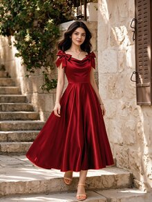 SHEIN Teen Girls Elegant Red Off Shoulder Bow Decor Satin Party Maxi Dress - Red - View 3