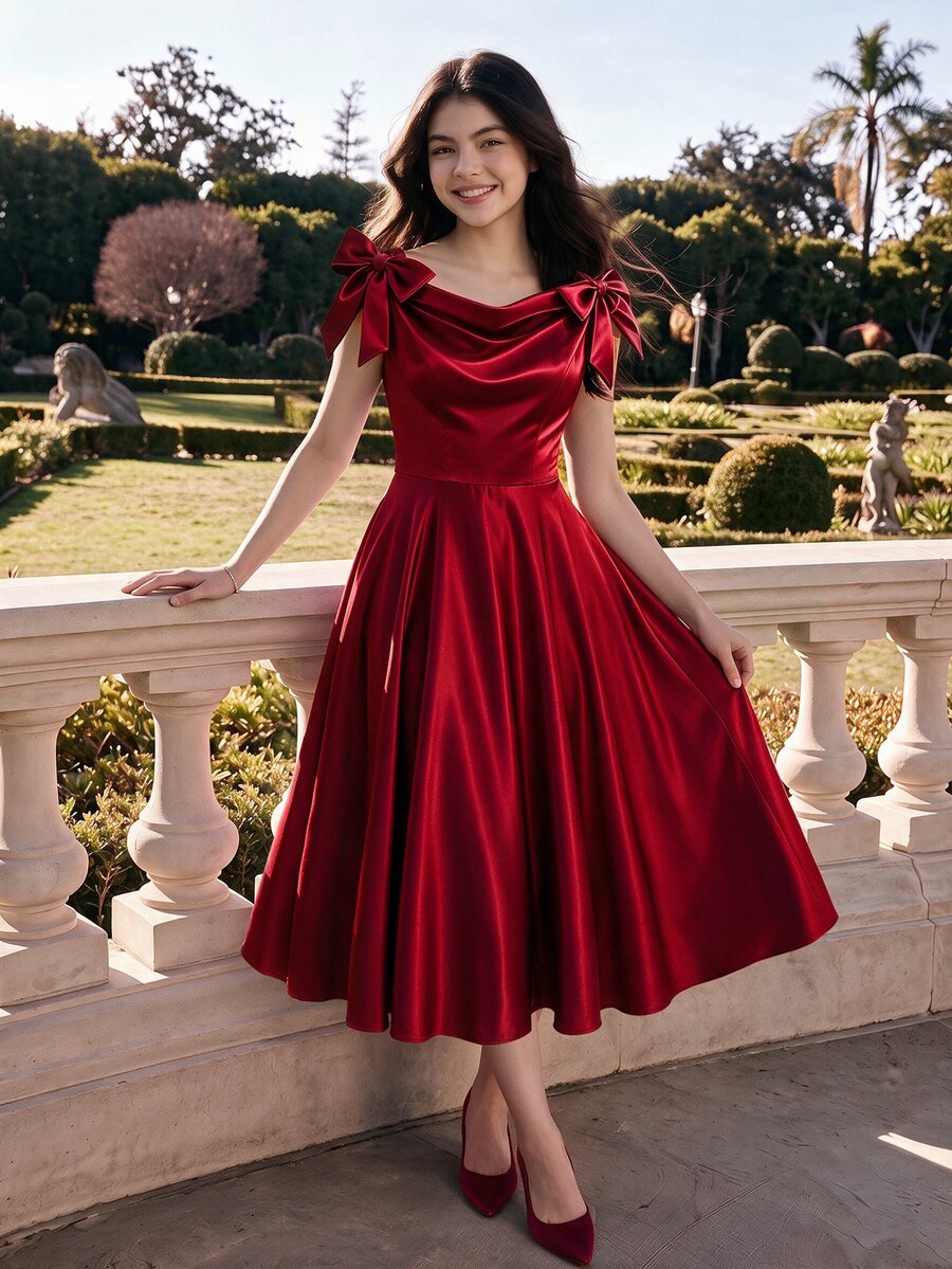 SHEIN Teen Girls Elegant Red Off Shoulder Bow Decor Satin Party Maxi Dress - Red - View 1
