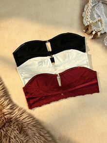 SHEIN 3pcs Convenient Front Closure Low Cut Lace Patchwork Non-Slip Bandeau Bra Set - Multicolor - View 2