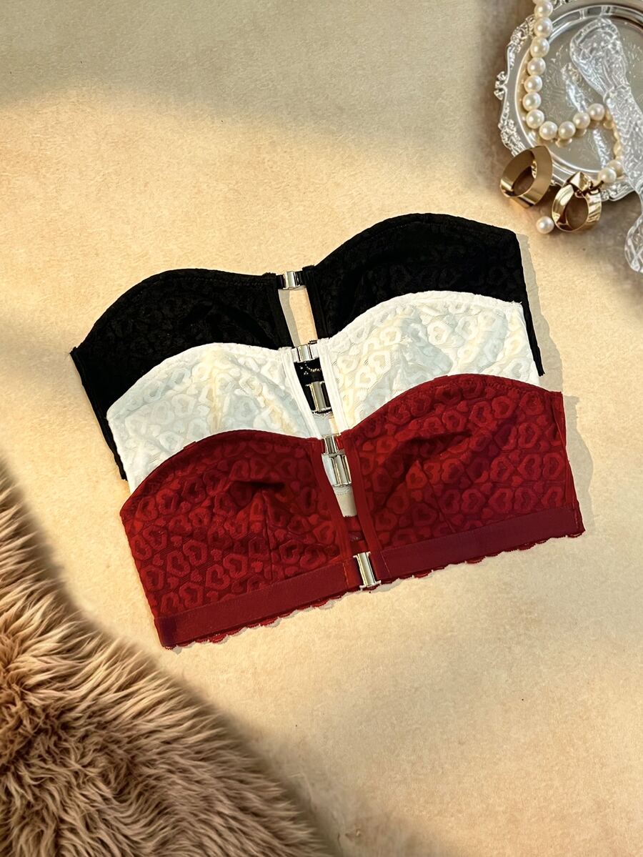 SHEIN 3pcs Convenient Front Closure Low Cut Lace Patchwork Non-Slip Bandeau Bra Set - Multicolor - View 1
