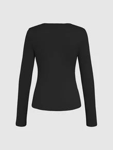 SHEIN Spring/Summer New Women's Solid Color Long Sleeve Casual Versatile T-Shirt - Black - View 3