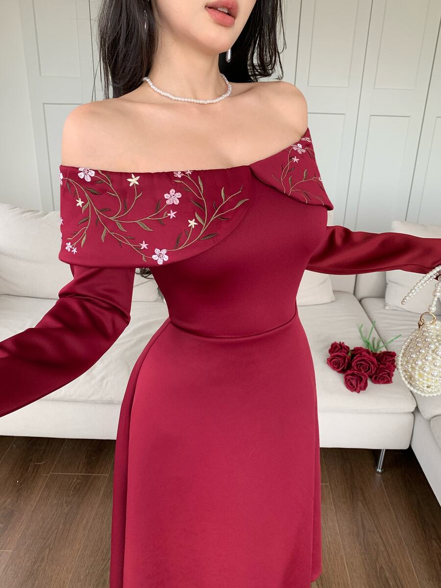 Feyla Women's Elegant Romantic Cold Shoulder Floral Embroidered Dress Wedding Formal Dinner Anniversary Burgundy Fall New Year Christmas - Burgundy - View 1