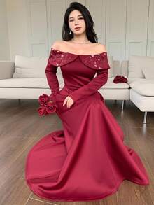 Feyla 女款優雅浪漫露肩花卉刺繡洋裝，適合婚禮、晚宴、週年紀念，酒紅色秋季款 - 酒紅色 - 查看 1