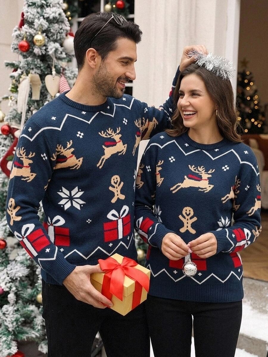 Manfinity Homme Christmas Men's Autumn/Winter Pattern Sweater,Suitable For Couple,Warm Family Atmosphere Parent-Child Couple Outfit - Navy Blue - View 1