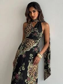 Aloruh Printed Mesh Halter Neck Dress For Women Night Out Date Night Black And White Leopard Print Party Dresses For Women - Black - View 3